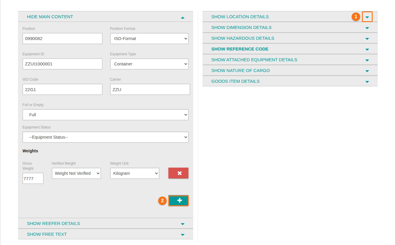 Edit Single Row form with the collapsed sections on the right and the plus button for adding weights