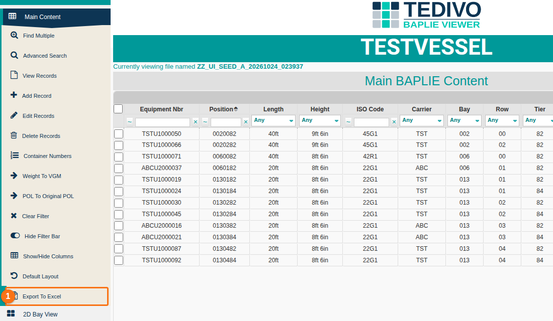 Main Content screen with the Export To Excel option highlighted in the Function Menu