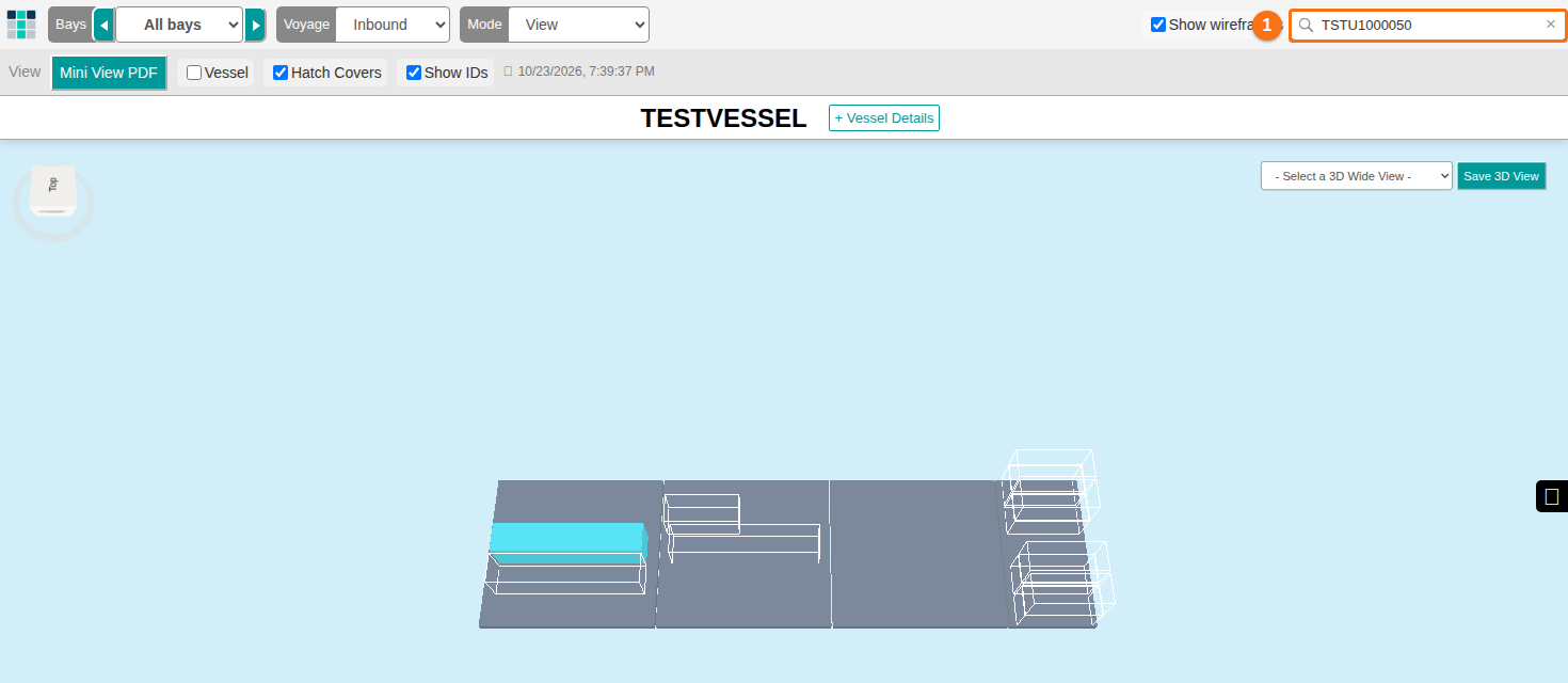 3D view after searching for one container ID: only that container is shown solid and the others are wireframes