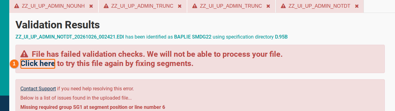 Validation Results for a file that failed validation, with the Click here link to try the file again by fixing segments
