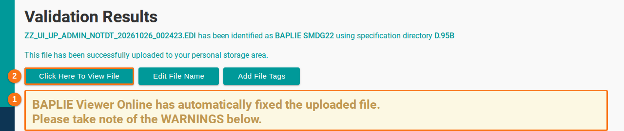 Validation Results after the file was re-uploaded with Fix Segments, with a warning that BAPLIE Viewer Online fixed the file and the Click Here To View File button