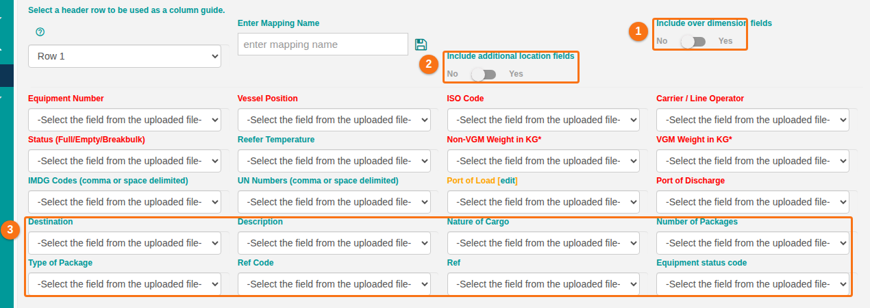 Step 3 of 5, Map fields, with the switches Include over dimension fields and Include additional location fields, and the other optional fields in the last rows