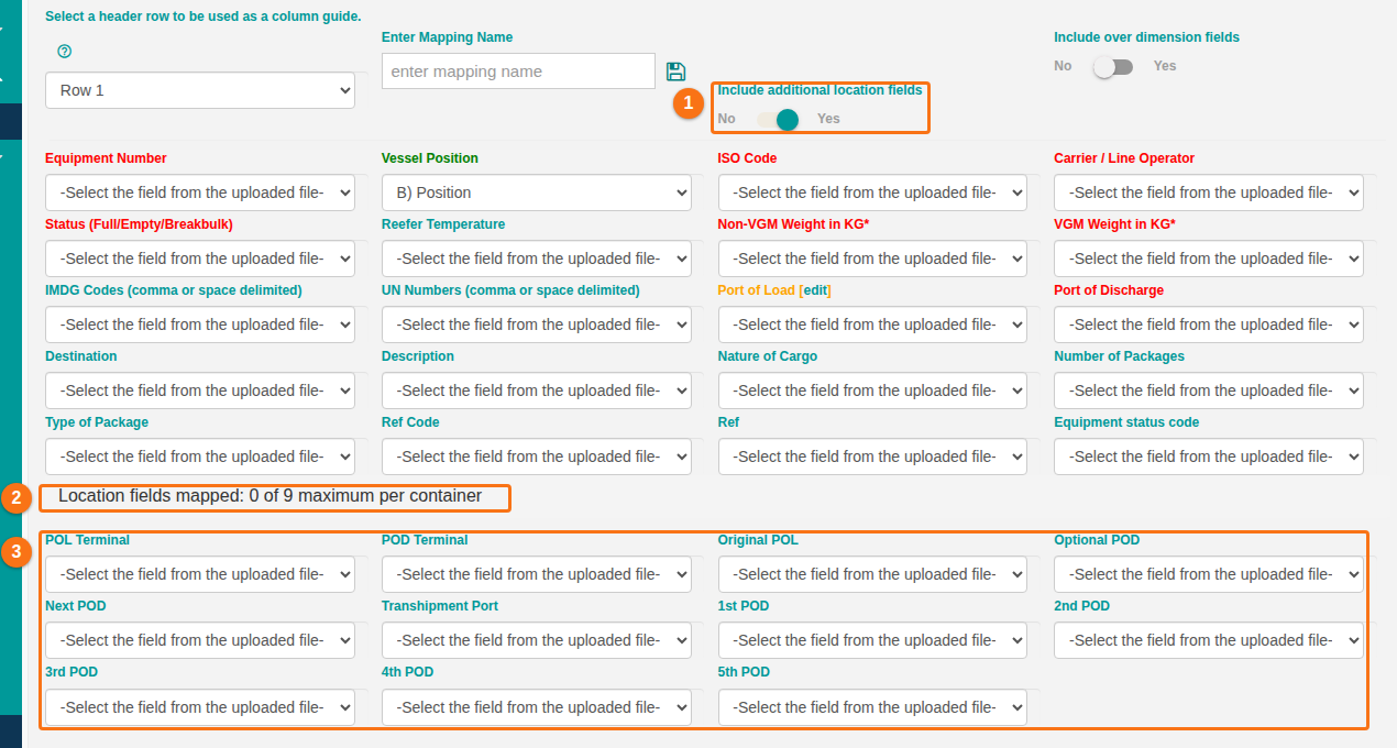 Step 3 of 5 with Include additional location fields switched on, the counter Location fields mapped and the eleven location fields
