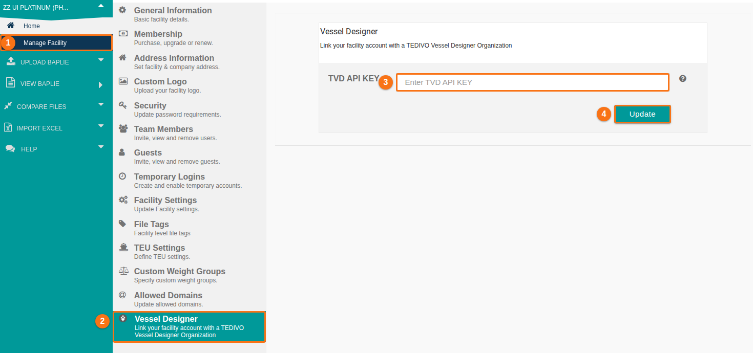 The Manage Facility page with the Vessel Designer tab selected, the empty TVD API KEY box and the Update button