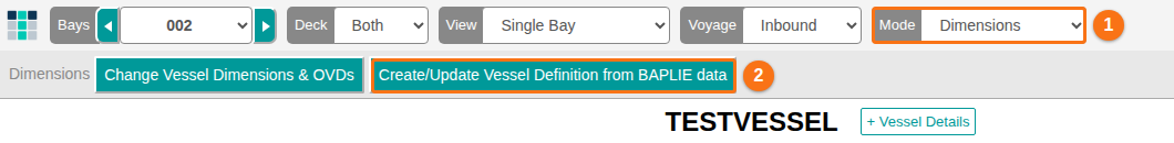 The top of 2D Bay View in Dimensions mode, with the Create/Update Vessel Definition from BAPLIE data button