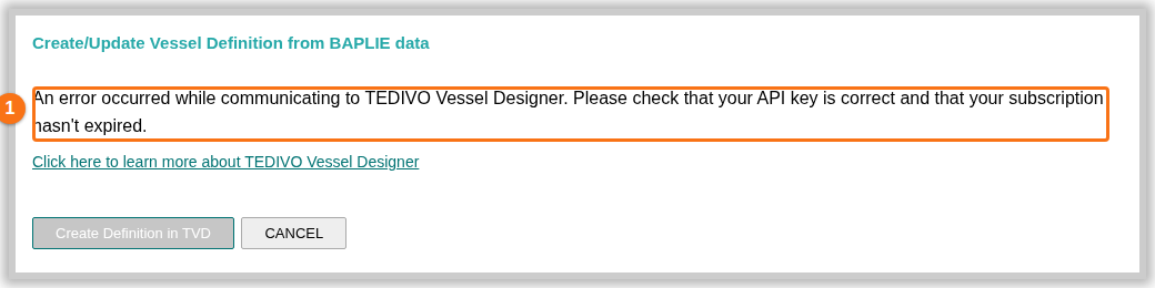 The Create/Update Vessel Definition from BAPLIE data window showing an error message about the Vessel Designer API key