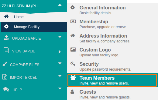 The Manage Facility menu with Team Members highlighted