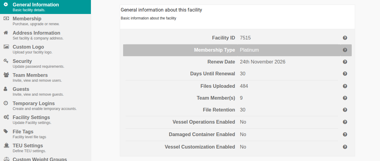 The General Information page showing facility ID, membership type, renew date, files uploaded, team members and file retention