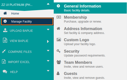 The side menu with Manage Facility highlighted under the facility name