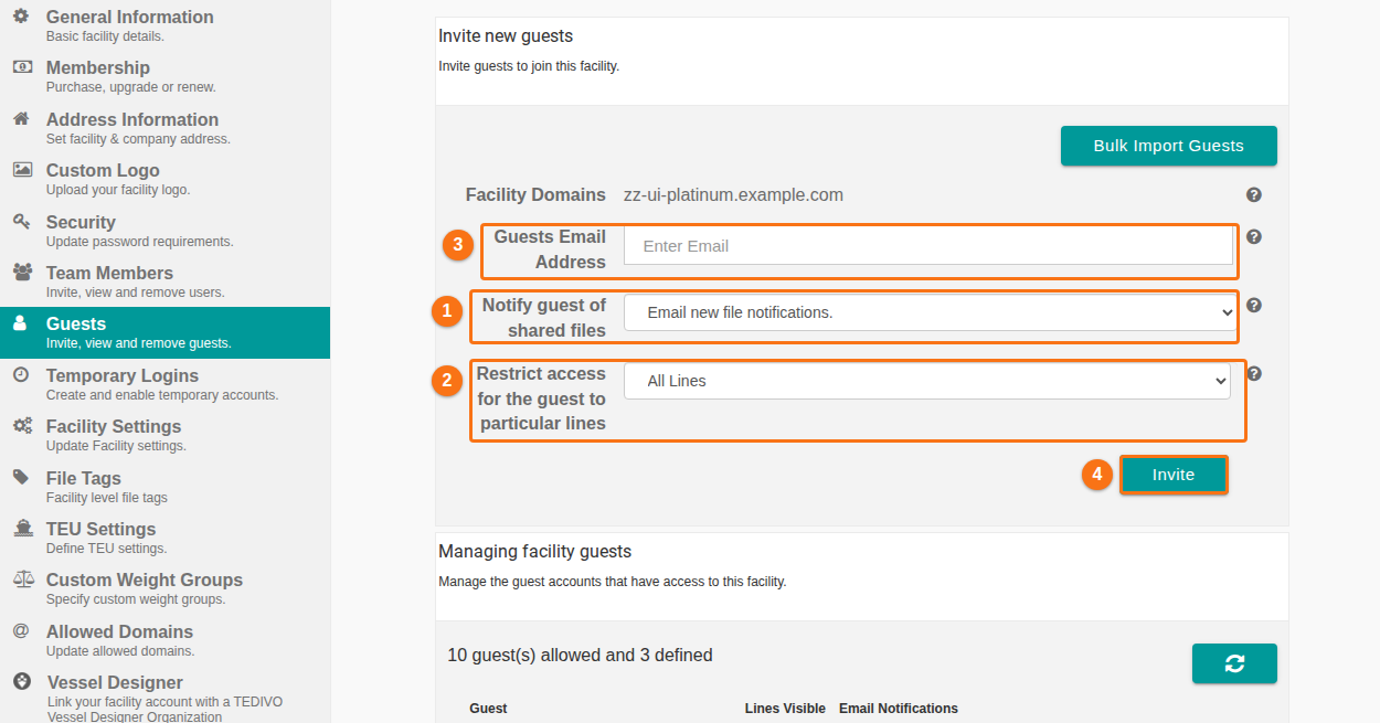 The Guests page of Manage Facility with the invite form: guest email, notification dropdown, restrict access dropdown and the Invite button