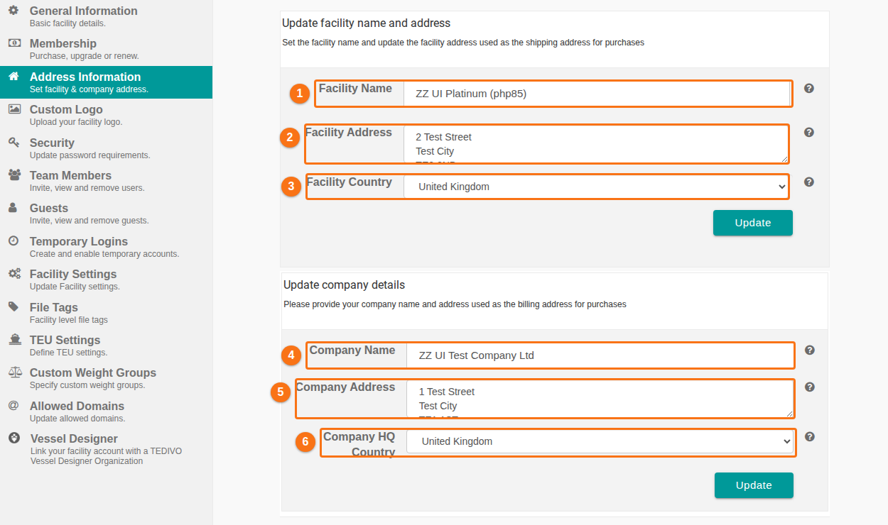 The Address Information page with the facility name, facility address and country, and the company name, address and HQ country