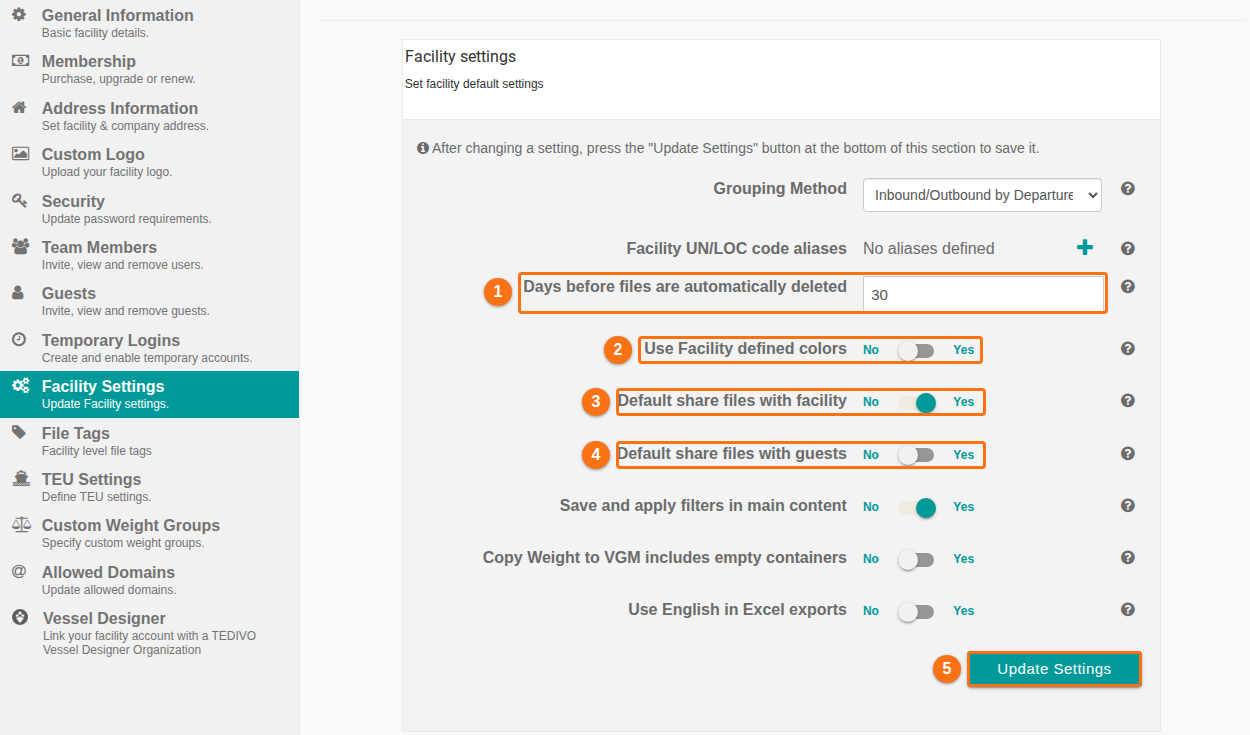 The Facility Settings page with the days before files are deleted, the colour and sharing toggles and the Update Settings button