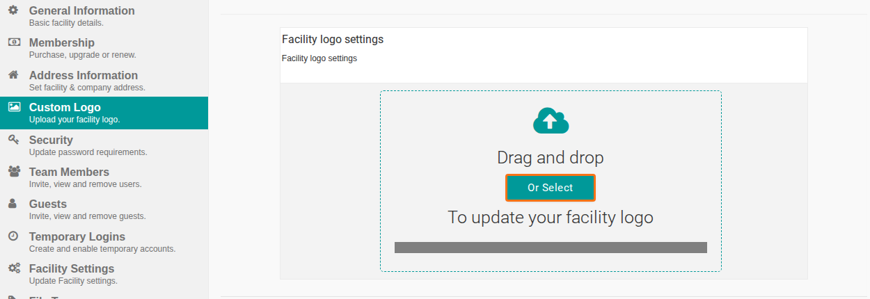 The Custom Logo page of Manage Facility with the Or Select button of the logo uploader highlighted