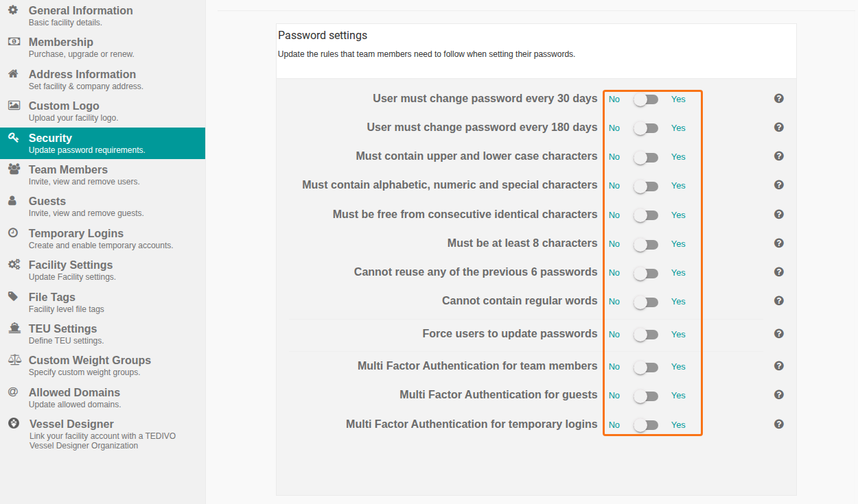 The Security page with the password and multi factor authentication toggles