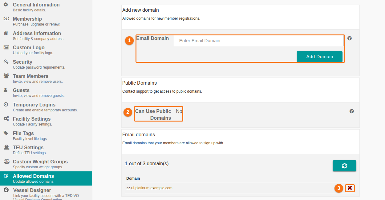 The Allowed Domains page with the Add Domain form, the Public Domains setting and the list of allowed email domains