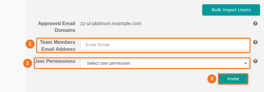 The invite form on the Team Members page with the email address, user permission dropdown and Invite button