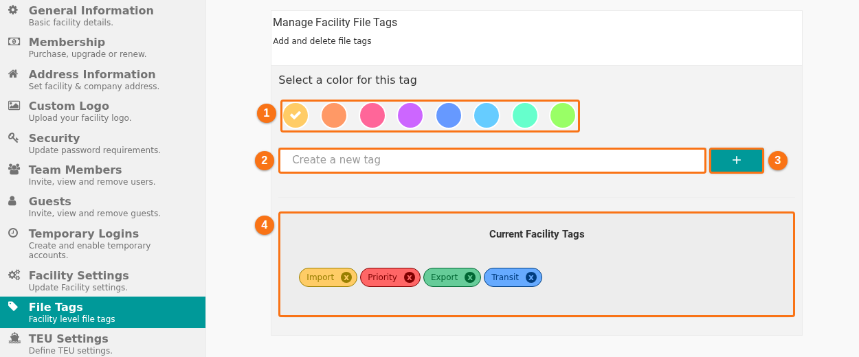 The File Tags tab of Manage Facility with the eight tag colors, the Create a new tag box with the plus button, and the Current Facility Tags list