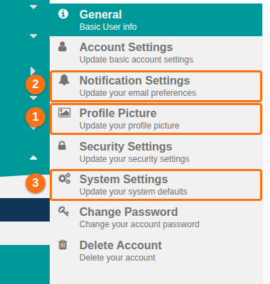 The list of tabs on the Settings page. The Profile Picture, Notification Settings and System Settings tabs are marked