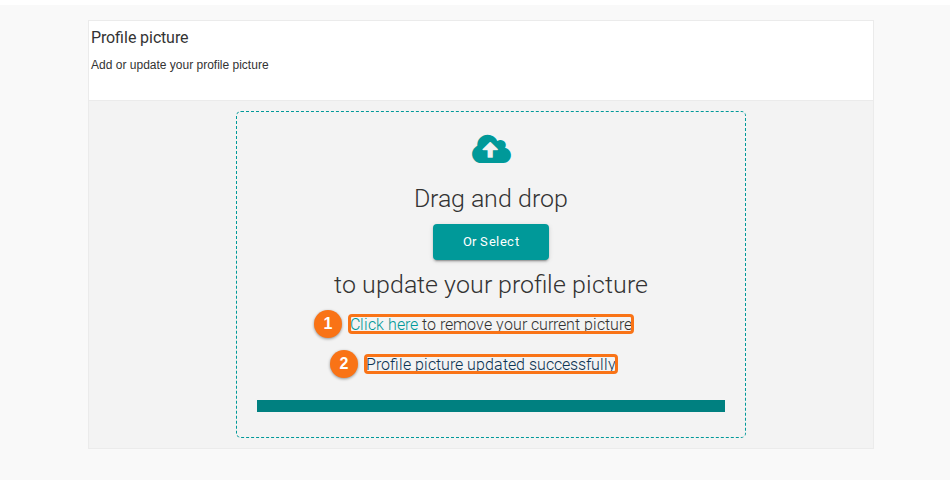 The Profile Picture tab after an upload, with the Click here link to remove the picture and the message Profile picture updated successfully