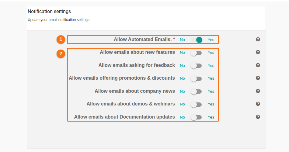 The Notification Settings tab with the Allow Automated Emails switch and six optional email switches