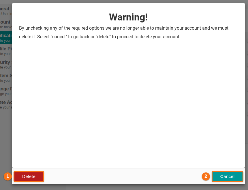 The warning window that opens when you switch off Allow Automated Emails, with the Delete and Cancel buttons