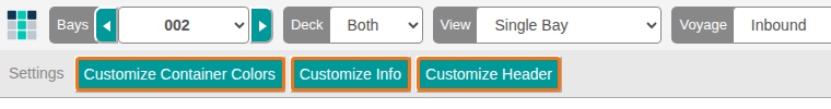 The 2D Bay View Settings mode with the Customize Container Colors, Customize Info and Customize Header buttons
