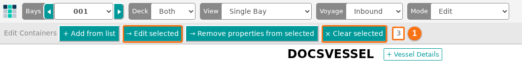 Edit mode with the Add from list, Edit selected, Remove properties from selected and Clear selected buttons and the count 3 for three selected containers