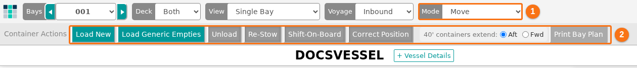 Move mode with the Load New, Load Generic Empties, Unload, Re-Stow, Shift-On-Board and Correct Position buttons below the menu bar