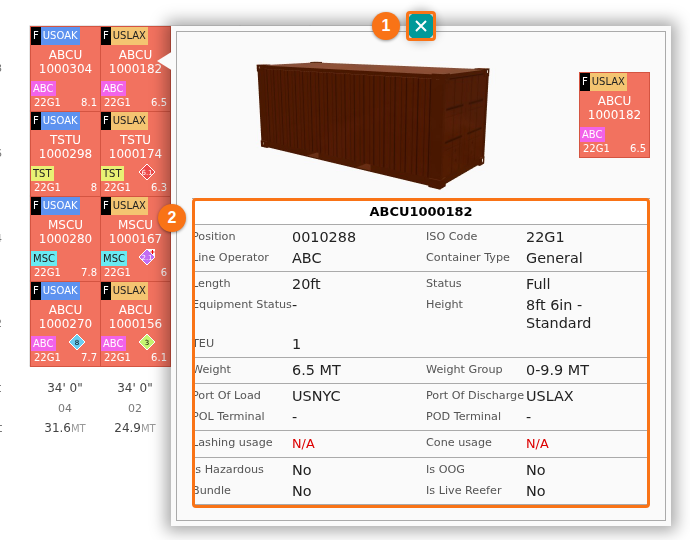 The container details window next to the clicked container, with a container picture and the position, ISO code, line operator, status, size, weight and port values