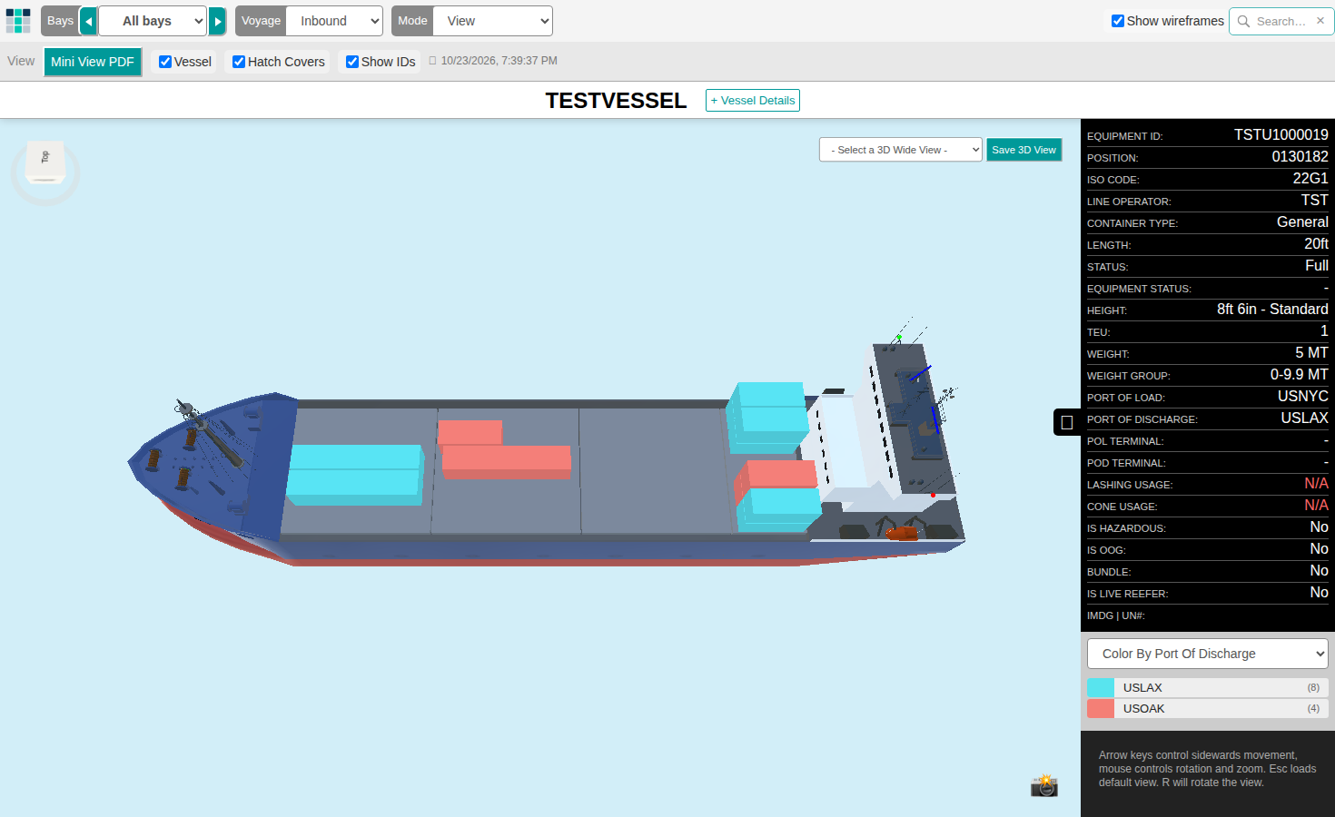 The 3D Vessel View window with the menu bar across the top, the vessel model in the centre and the container details panel on the right