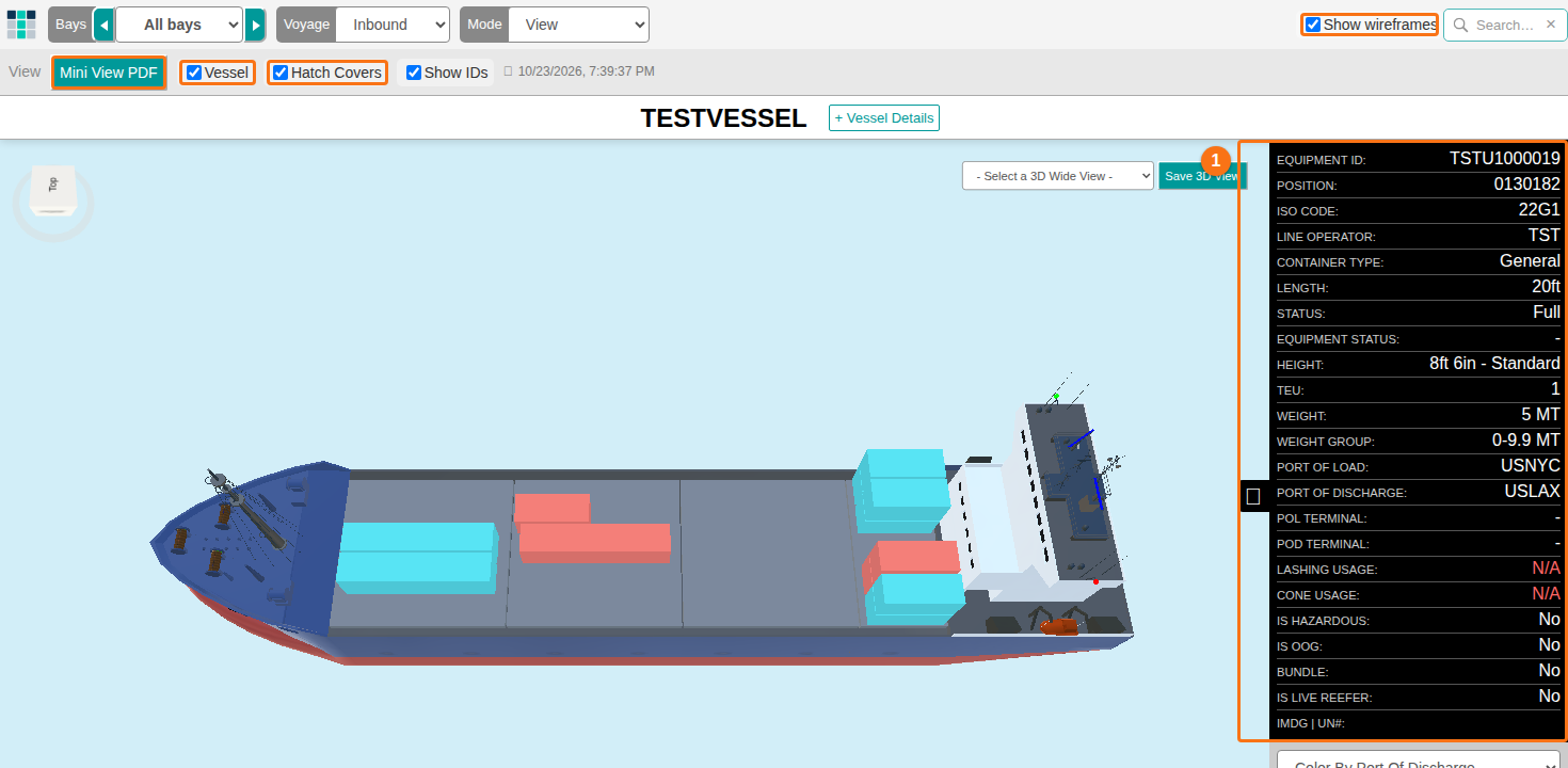 3D View mode showing the container details panel on the right, the Mini View PDF button and the Vessel, Hatch Covers and Show wireframes checkboxes