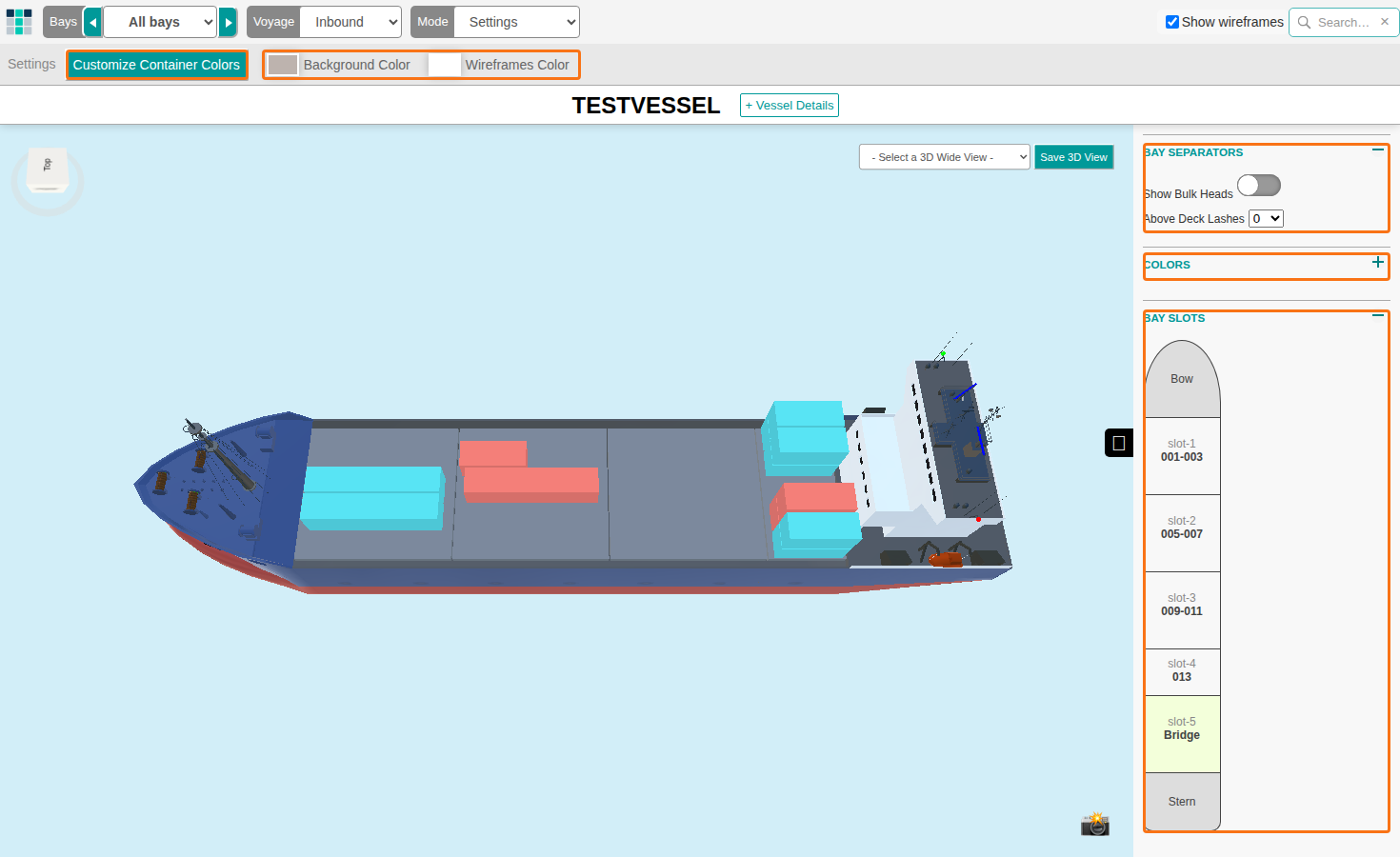 3D Settings mode with the Customize Container Colors, Background Color and Wireframes Color buttons and the Bay Separators, Colors and Bay Slots sections on the right