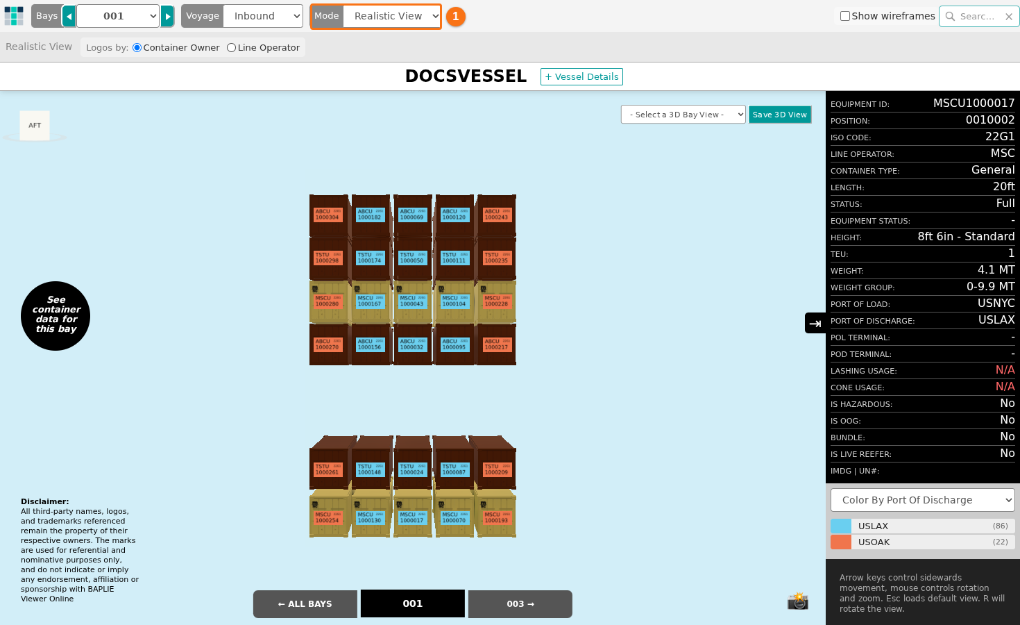 Bay 001 in Realistic View with the container IDs, the Logos by choices and the container details panel