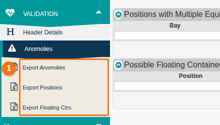 The Validation menu with the Export Anomalies, Export Positions and Export Floating Ctrs options