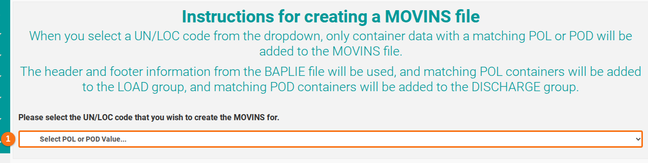 The Create MOVINS page with the dropdown for selecting the port