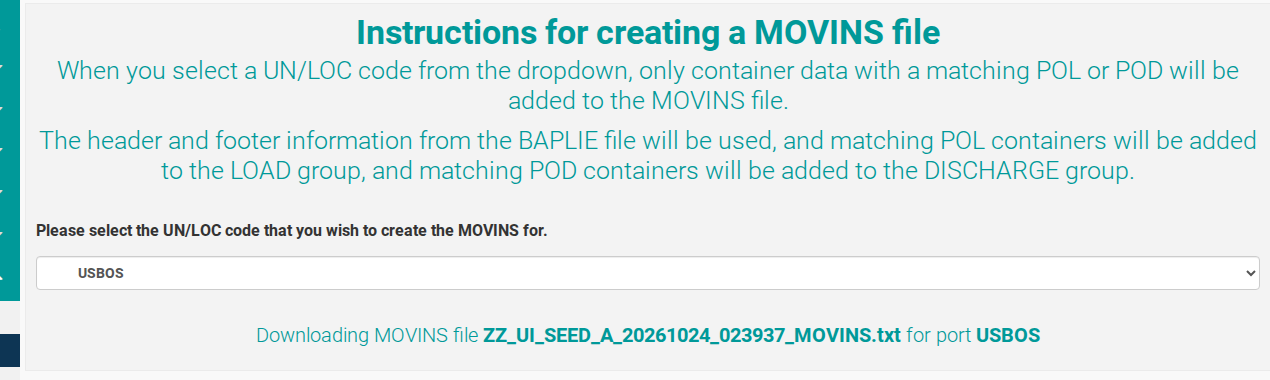 The Create MOVINS page after a port is selected, with the message that the MOVINS file is downloading