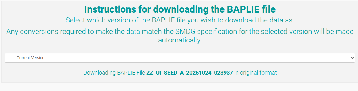 The Download BAPLIE page after a version is selected, with the message that the BAPLIE file is downloading