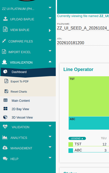 The Function Menu on the left side of the screen with the facility tab, Upload BAPLIE, View BAPLIE, Compare Files, Import Excel, Visualization, Validation, Analytics, Management and Help tabs
