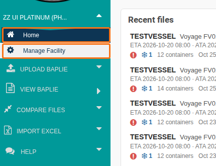 The facility section of the Function Menu expanded to show Home and Manage Facility