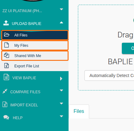 The Upload BAPLIE tab expanded to show All Files, My Files, Shared With Me and Export File List