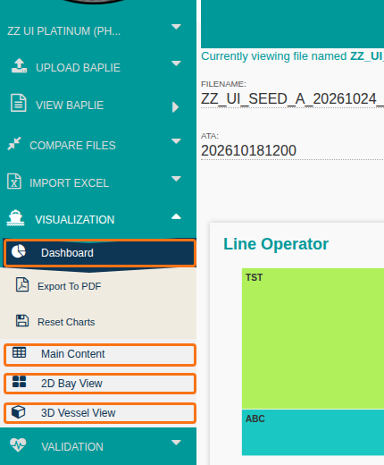 The Visualization tab expanded to show Dashboard, Main Content, 2D Bay View and 3D Vessel View