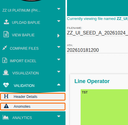 The Validation tab expanded to show Header Details and Anomalies