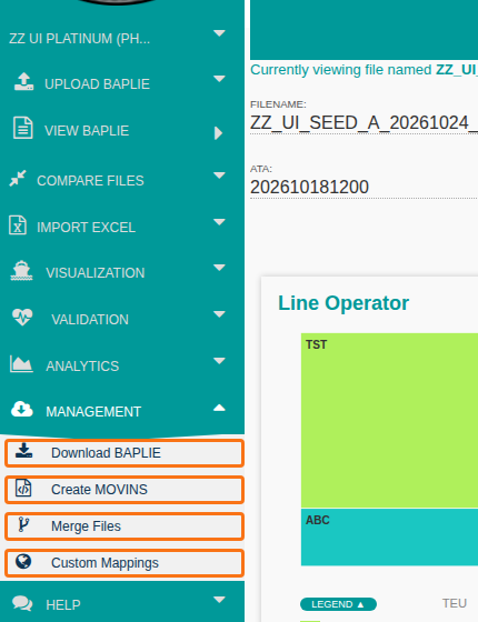 The Management tab expanded to show Download BAPLIE, Create MOVINS, Merge Files and Custom Mappings