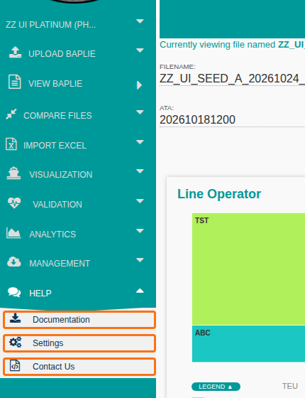 The Help tab expanded to show Documentation, Settings and Contact Us
