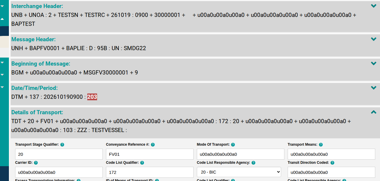 The Header Details screen with the Details of Transport segment expanded into its editable fields
