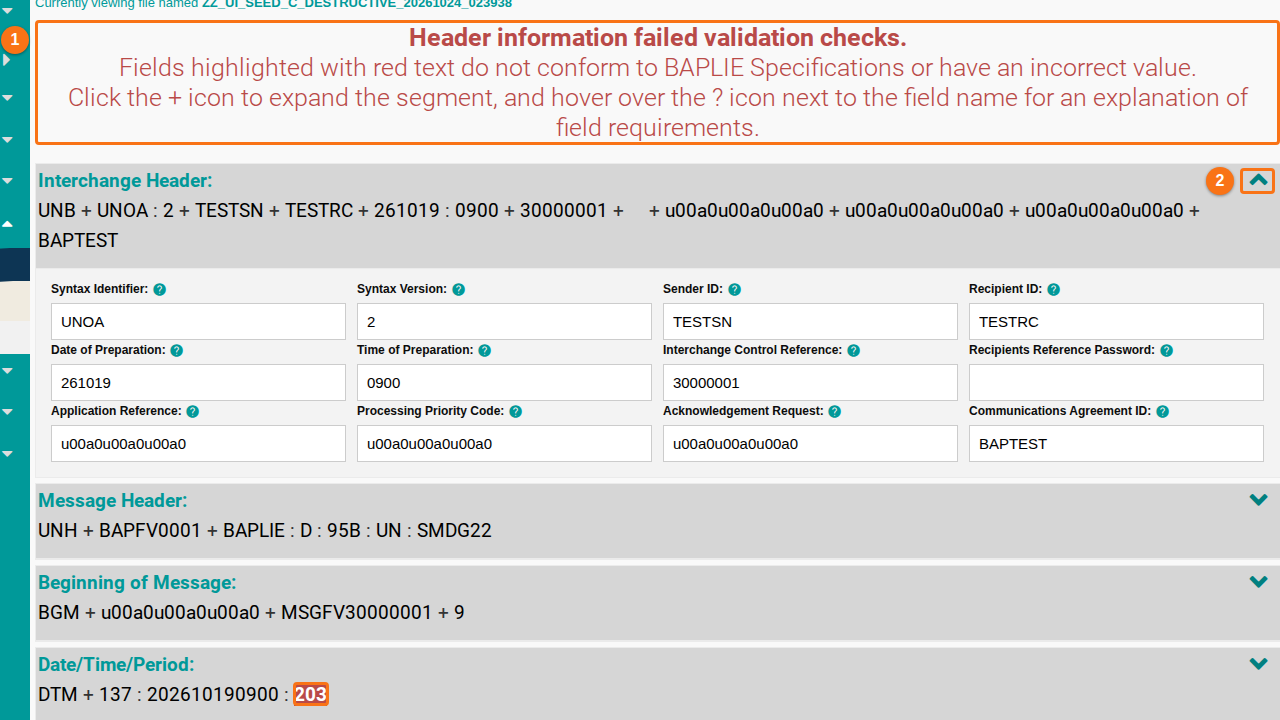 Header Details with the failed validation message at the top, a field highlighted in red and the arrows that expand each segment