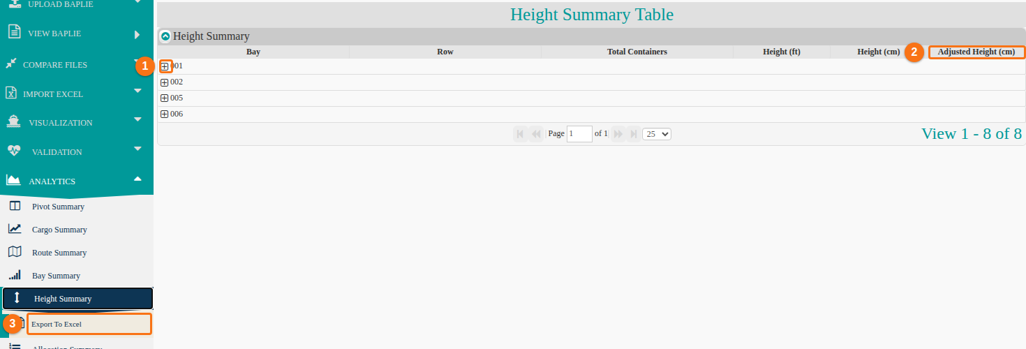 The Height Summary Table with one expandable row per bay, the Adjusted Height column and the Export To Excel option marked