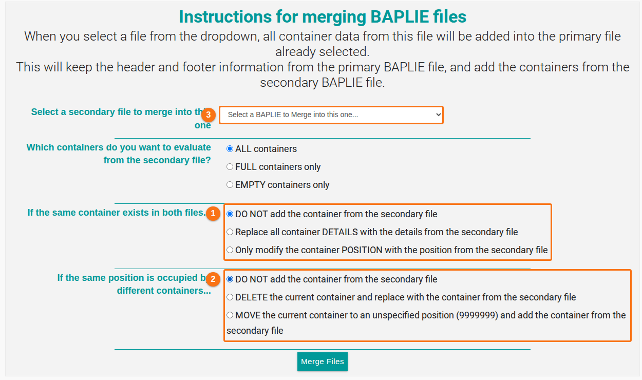 The Merge Files page with the secondary file dropdown, the container selection options, the duplicate container and duplicate position options and the Merge Files button