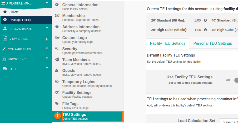 The Manage Facility menu with the TEU Settings tab highlighted
