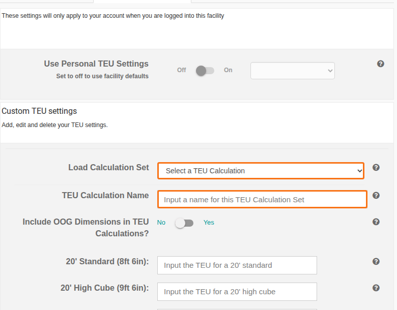 The Personal TEU Settings tab with the Load Calculation Set dropdown, the TEU Calculation Name field and the OOG toggle